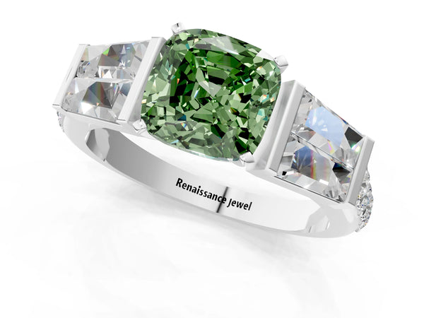 White gold Fancy Green Cushion Cut Diamond Engagement Ring with Baguette Side Stones and Channel Set Band