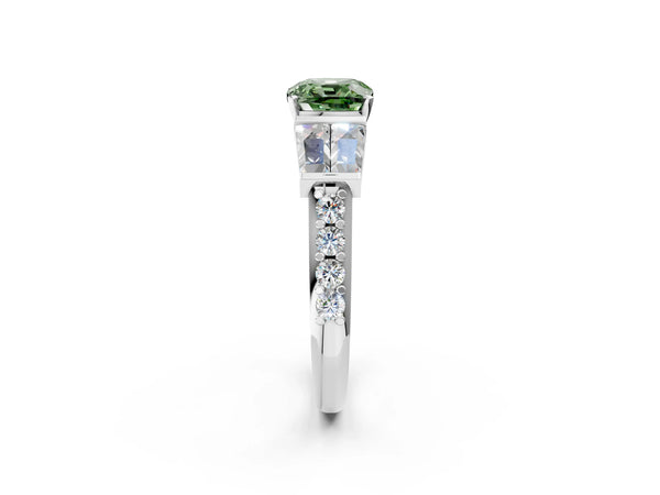 White gold Fancy Green Cushion Cut Diamond Engagement Ring with Baguette Side Stones and Channel Set Band