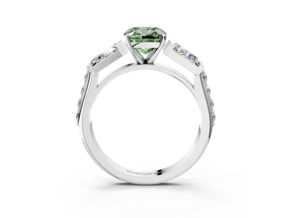 White gold Fancy Green Cushion Cut Diamond Engagement Ring with Baguette Side Stones and Channel Set Band