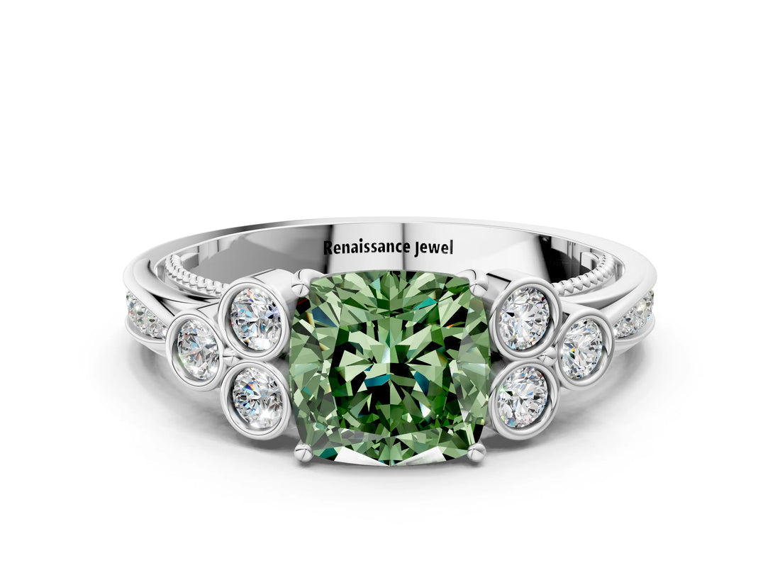 White gold Fancy Green Cushion  Cut Diamond Engagement Ring with Bezel Set Round Side Stones and Prong Setting_49