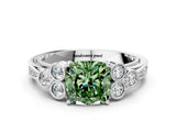 White gold Fancy Green Cushion  Cut Diamond Engagement Ring with Bezel Set Round Side Stones and Prong Setting_49