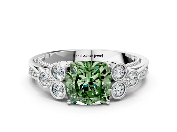 Platinum Cushion Cut Engagement Ring Setting for Fancy Green Center with Bezel-Set Shoulder Clusters
