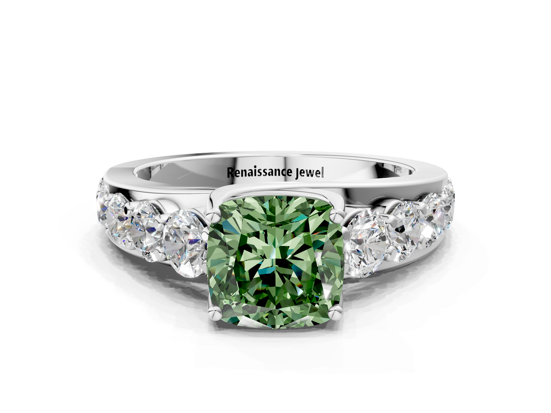 White gold Fancy Green Cushion  Cut Diamond Engagement Ring with Pavé Band and Four-Prong Setting_3