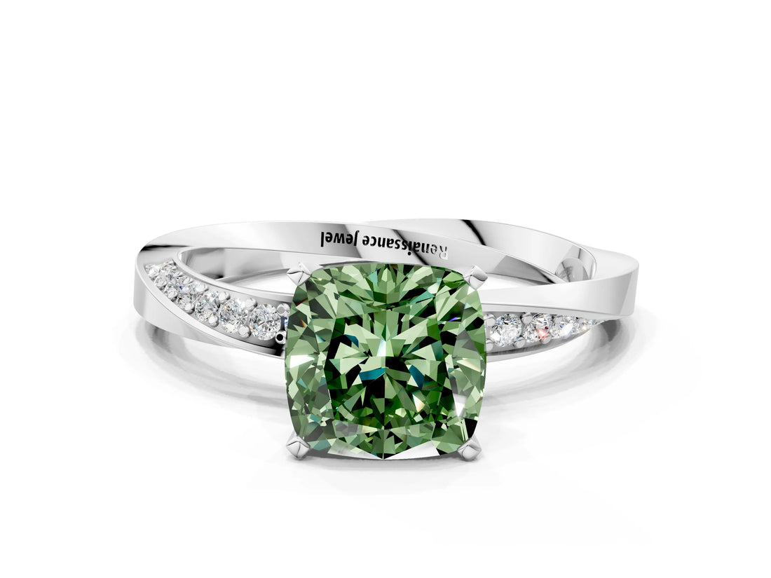 White gold Fancy Green Cushion Cut Diamond Engagement Ring with Side Stone Accents and Four-Prong Setting_24