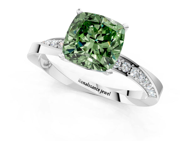 Platinum Fancy Green Cushion Cut Diamond Engagement Ring with Side Stone Accents and Four-Prong Setting