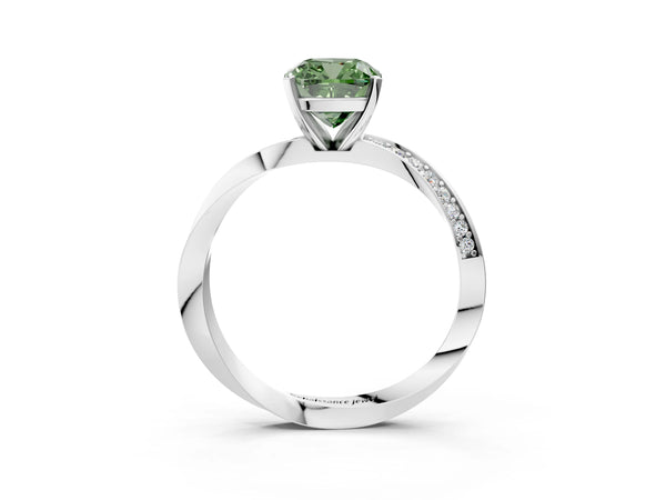 Platinum Fancy Green Cushion Cut Diamond Engagement Ring with Side Stone Accents and Four-Prong Setting