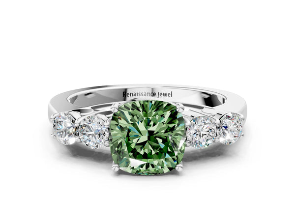 Platinum Fancy Green Cushion  Cut Diamond Five-Stone Prong Set White Gold Ring