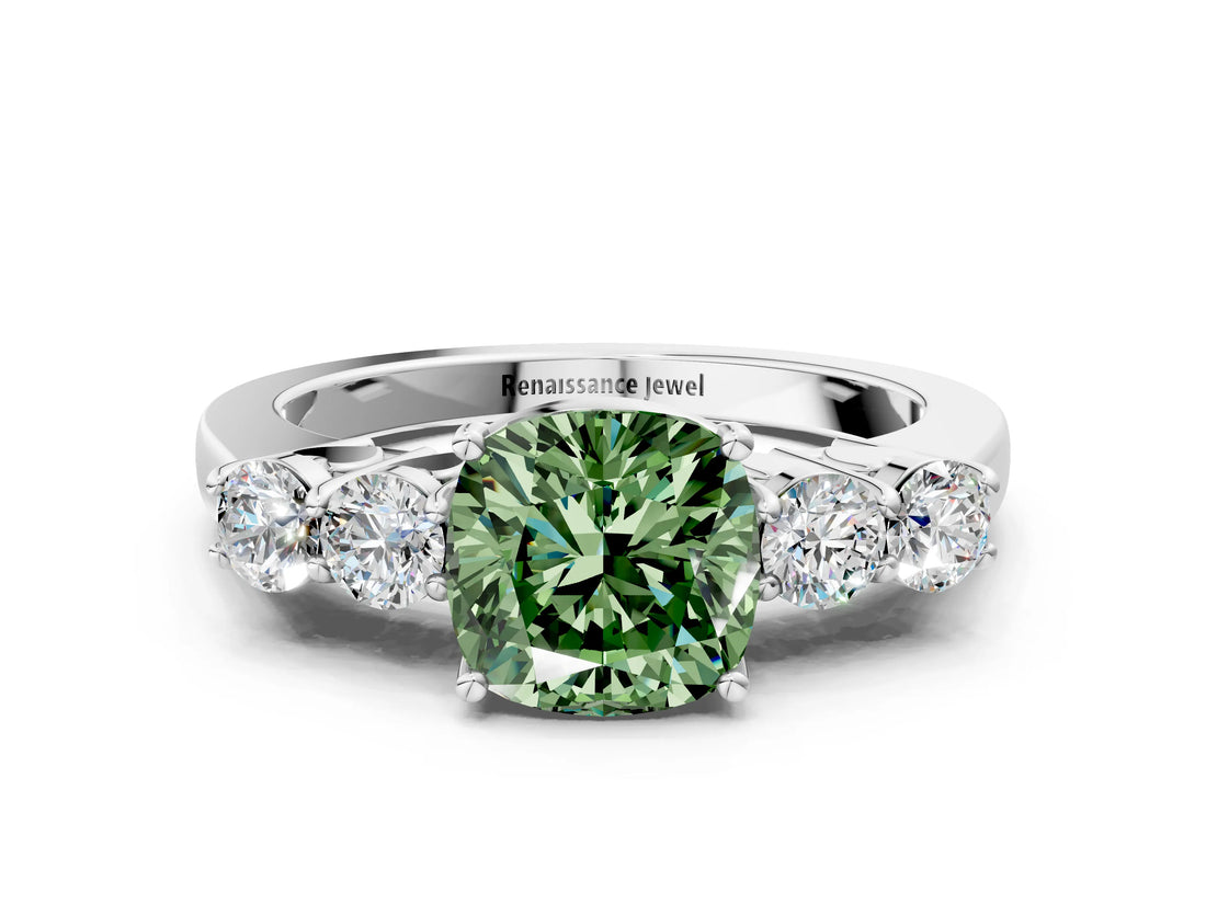 White gold Fancy Green Cushion  Cut Diamond Five-Stone Prong Set White Gold Ring_32