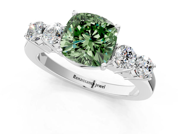 Platinum Fancy Green Cushion  Cut Diamond Five-Stone Prong Set White Gold Ring