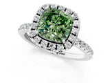 White gold Fancy Green Cushion  Cut Diamond Floral Halo Engagement Ring with Pavé Band and Prong Setting_67