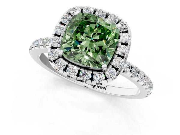 White gold Fancy Green Cushion  Cut Diamond Floral Halo Engagement Ring with Pavé Band and Prong Setting