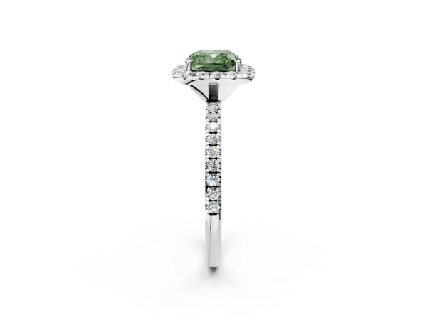 White gold Fancy Green Cushion  Cut Diamond Floral Halo Engagement Ring with Pavé Band and Prong Setting