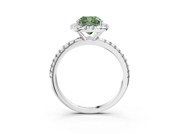 White gold Fancy Green Cushion  Cut Diamond Floral Halo Engagement Ring with Pavé Band and Prong Setting