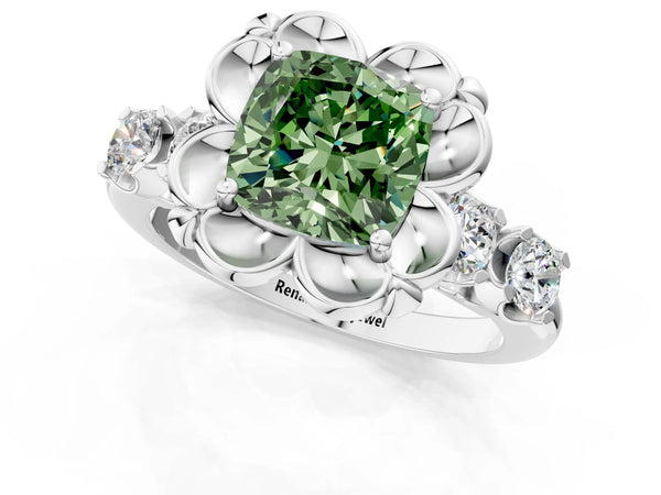 White gold Fancy Green Cushion  Cut Diamond Floral Halo Engagement Ring with Shared Prong Setting