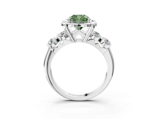 White gold Fancy Green Cushion  Cut Diamond Floral Halo Engagement Ring with Shared Prong Setting