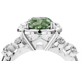 White gold Fancy Green Cushion  Cut Diamond Floral Halo Engagement Ring with Shared Prong Setting 4