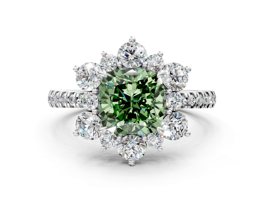 White gold Fancy Green Cushion  Cut Diamond Floral Halo Pave Band with Prong Setting_37