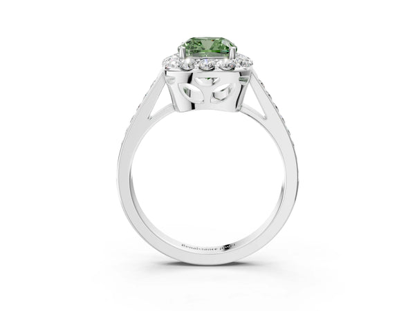 White gold Fancy Green Cushion Cut Diamond Floral Halo Ring with Pavé Band and Prong Setting