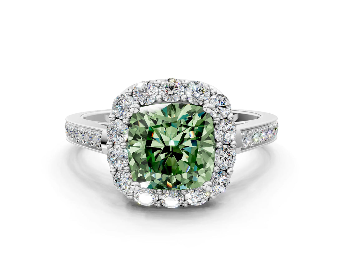 White gold Fancy Green Cushion Cut Diamond Floral Halo Ring with Pavé Band and Prong Setting_7