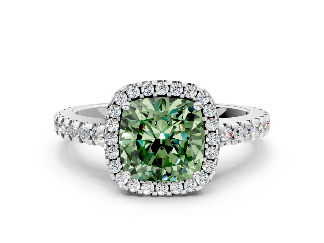 White gold Fancy Green Cushion Cut Diamond Halo Engagement Ring with Pavé Band and Prong Setting_51