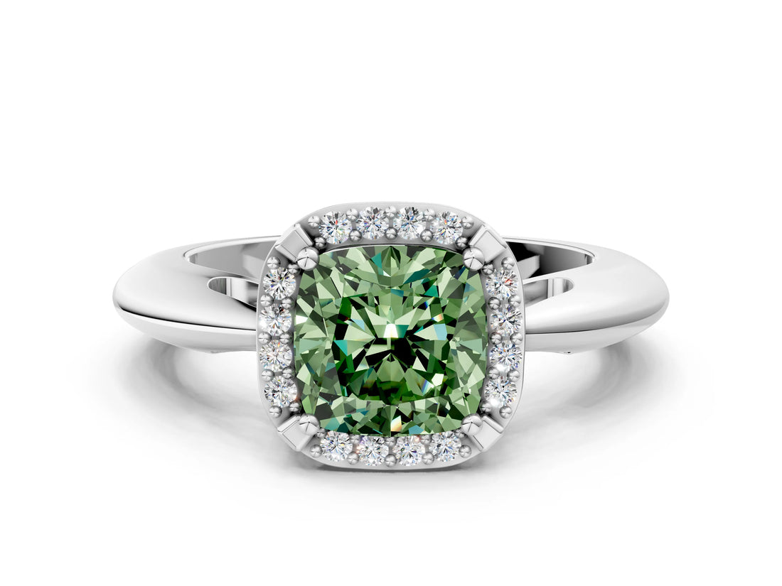 White gold Fancy Green Cushion  Cut Diamond Halo Engagement Ring with Split Shank and Four-Prong Setting_103