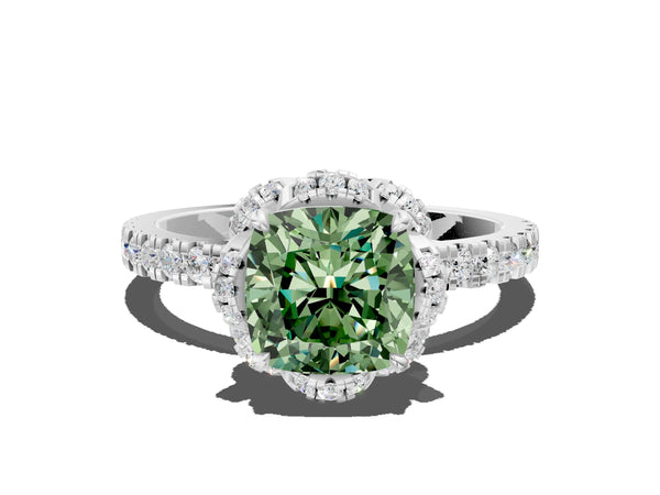 White gold Fancy Green Cushion Cut Diamond Halo Pave Band with Four-Prong Setting