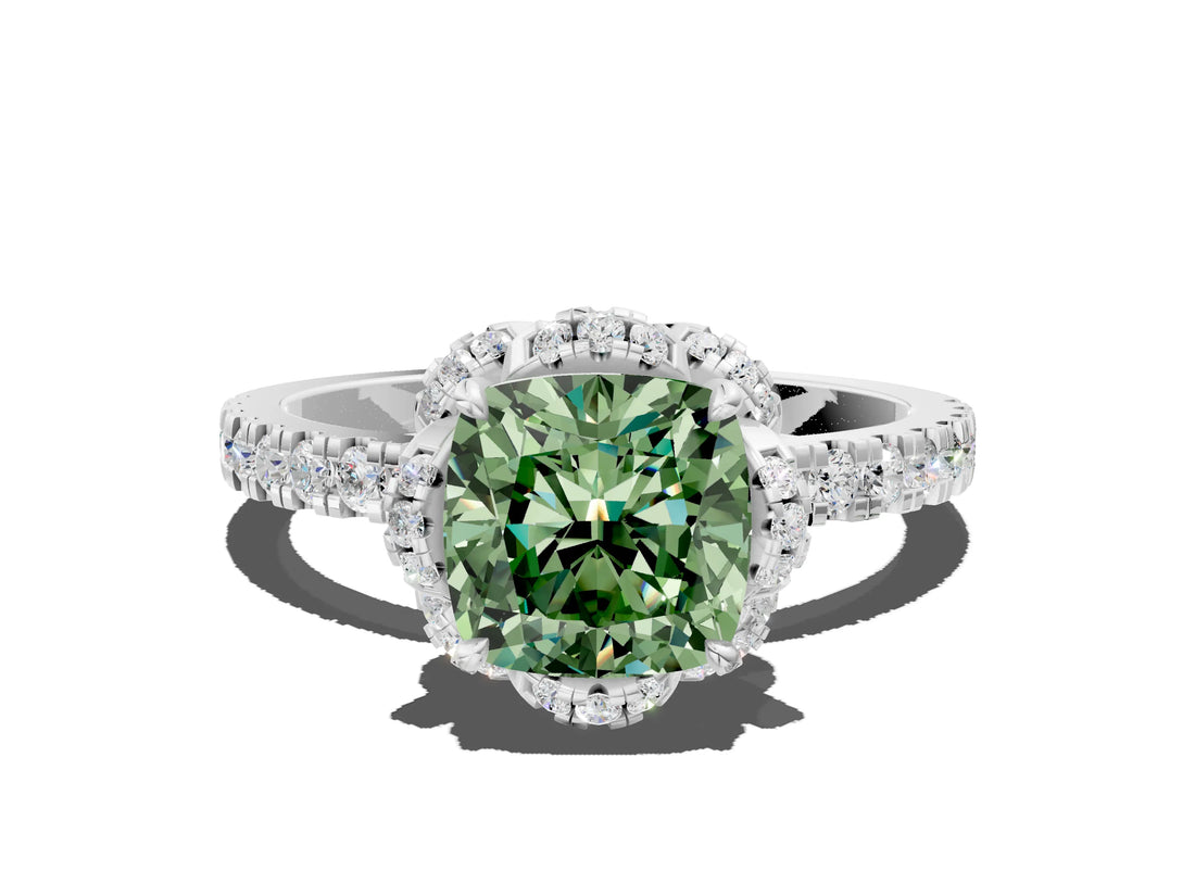 White gold Fancy Green Cushion Cut Diamond Halo Pave Band with Four-Prong Setting_3