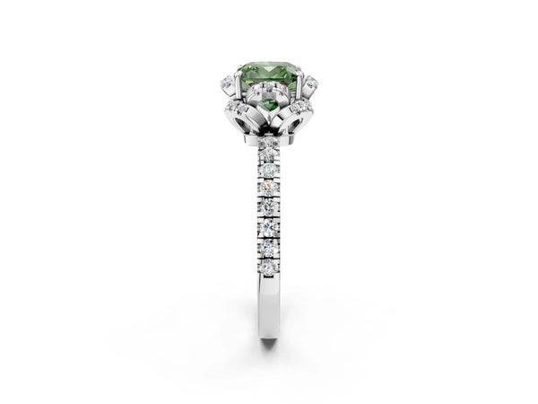 White gold Fancy Green Cushion Cut Diamond Halo Pave Band with Four-Prong Setting