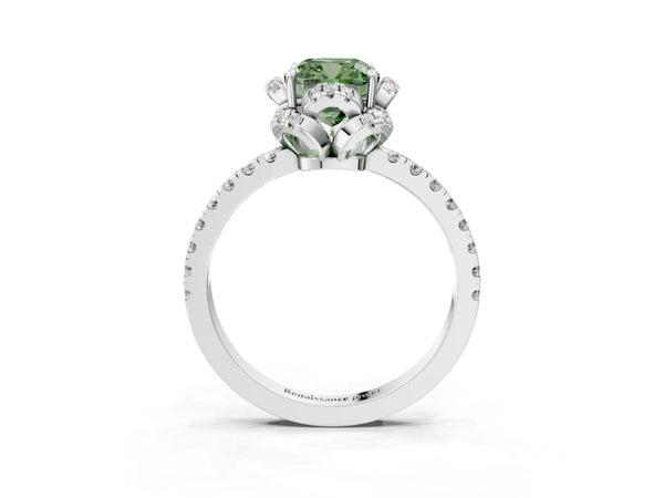 White gold Fancy Green Cushion Cut Diamond Halo Pave Band with Four-Prong Setting
