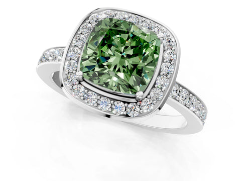 White gold Fancy Green Cushion Cut Diamond Halo Ring with Bezel Frame and Pavé Band_1