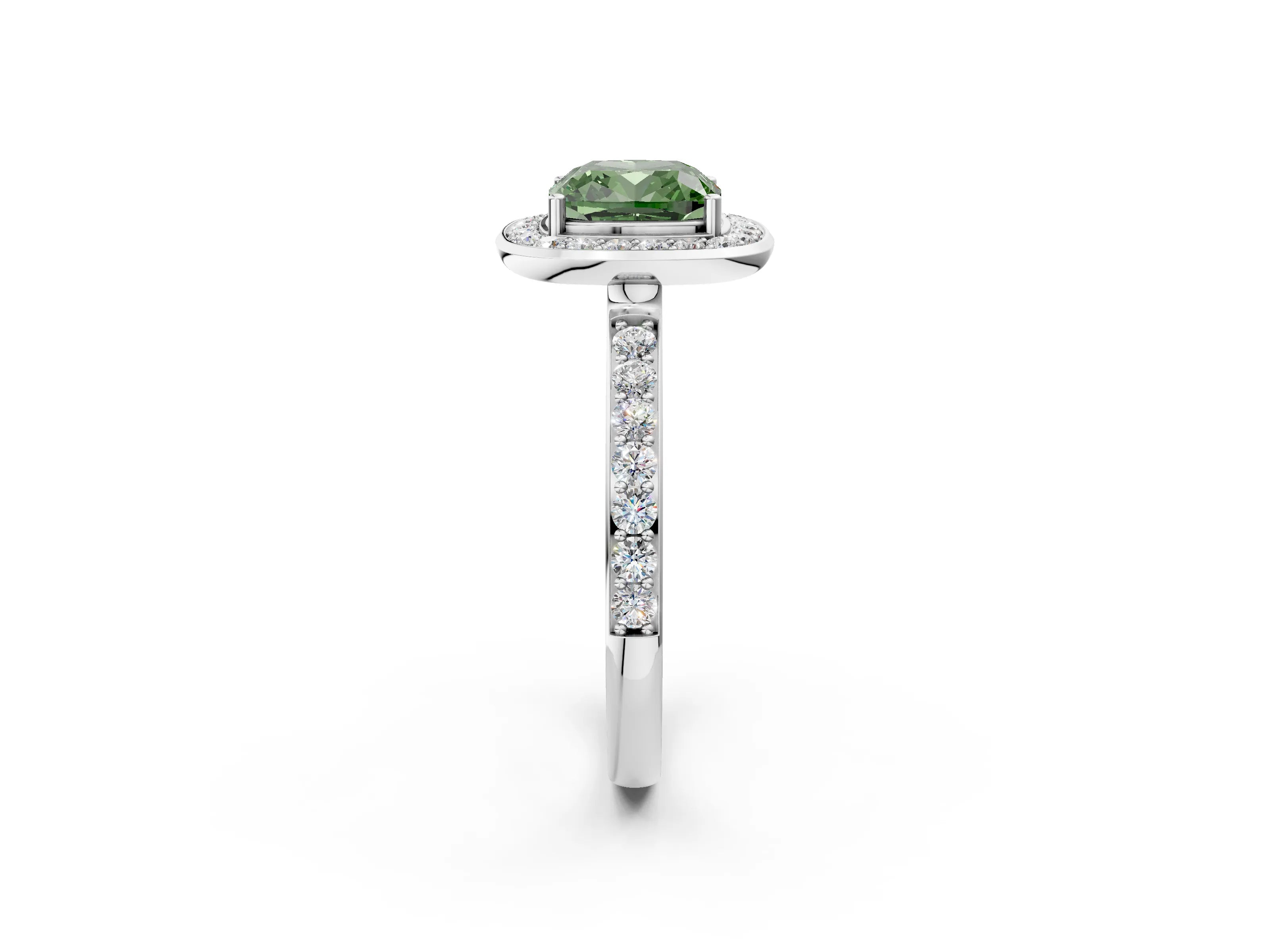 White gold Fancy Green Cushion Cut Diamond Halo Ring with Bezel Frame and Pavé Band_2