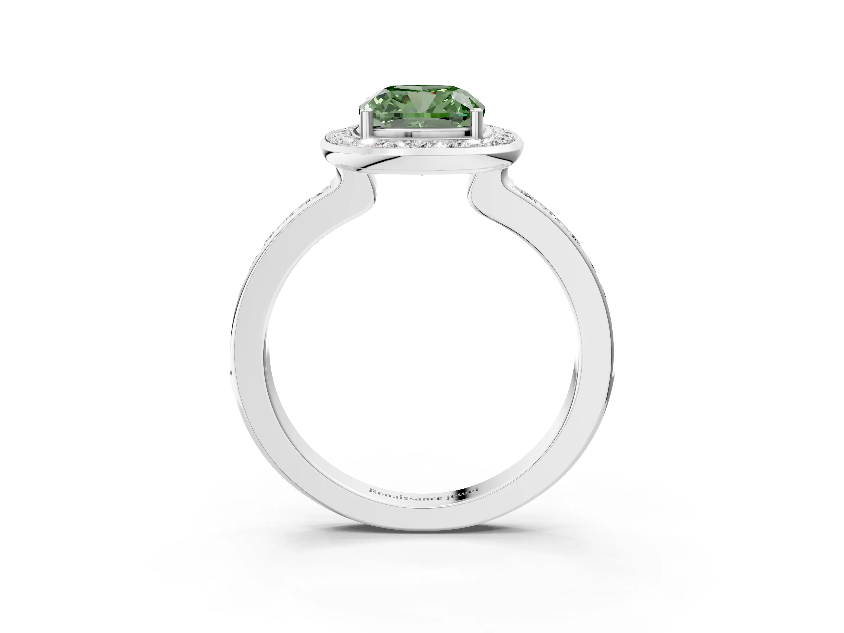 White gold Fancy Green Cushion Cut Diamond Halo Ring with Bezel Frame and Pavé Band_3