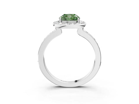 White gold Fancy Green Cushion Cut Diamond Halo Ring with Bezel Frame and Pavé Band_3