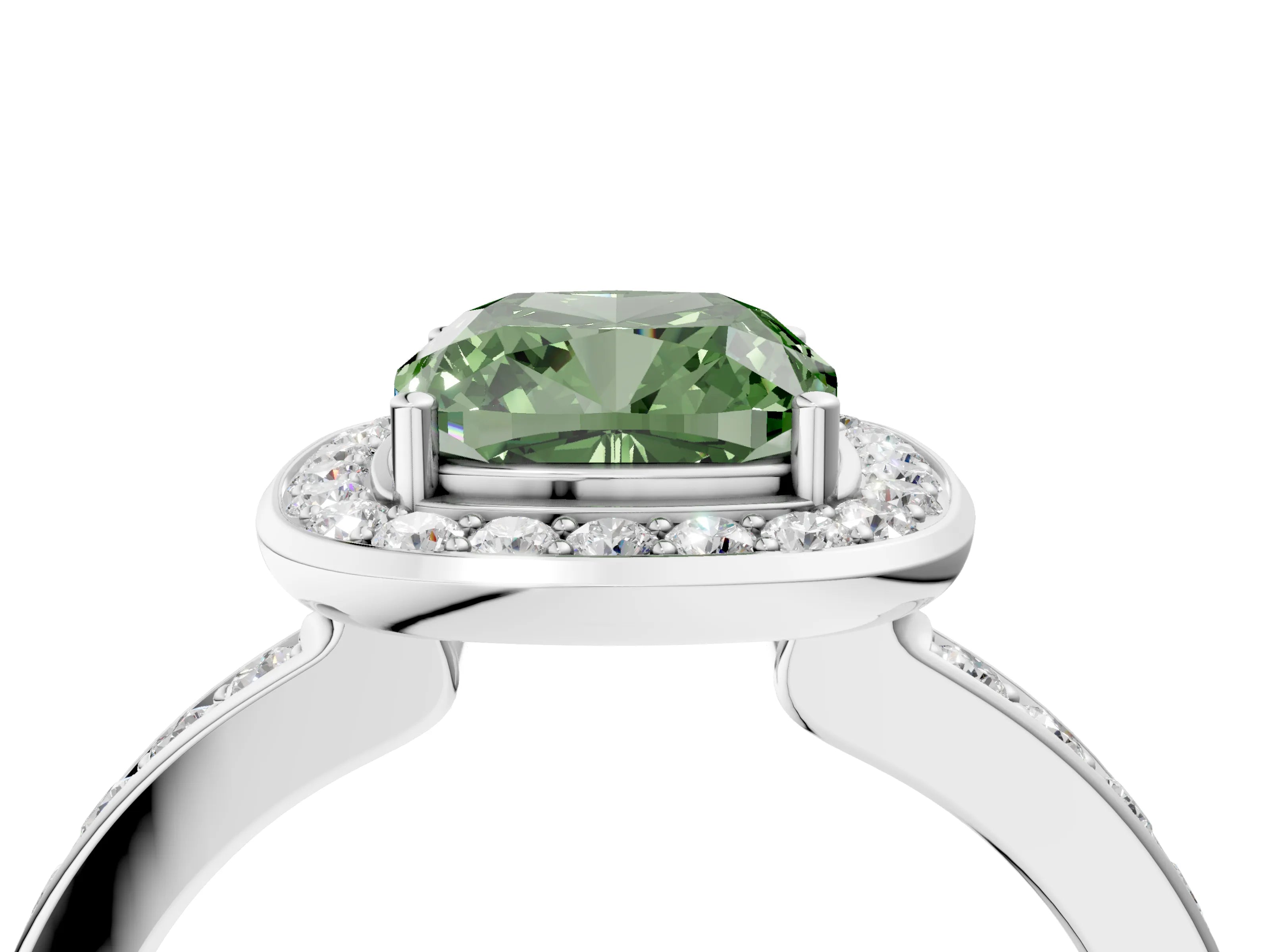 White gold Fancy Green Cushion Cut Diamond Halo Ring with Bezel Frame and Pavé Band_4