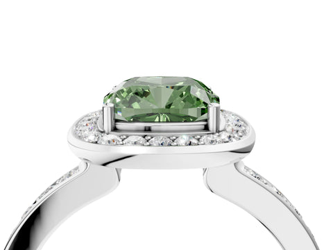 White gold Fancy Green Cushion Cut Diamond Halo Ring with Bezel Frame and Pavé Band_4