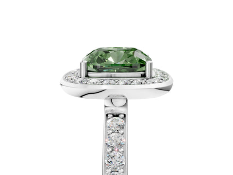 White gold Fancy Green Cushion Cut Diamond Halo Ring with Bezel Frame and Pavé Band_5