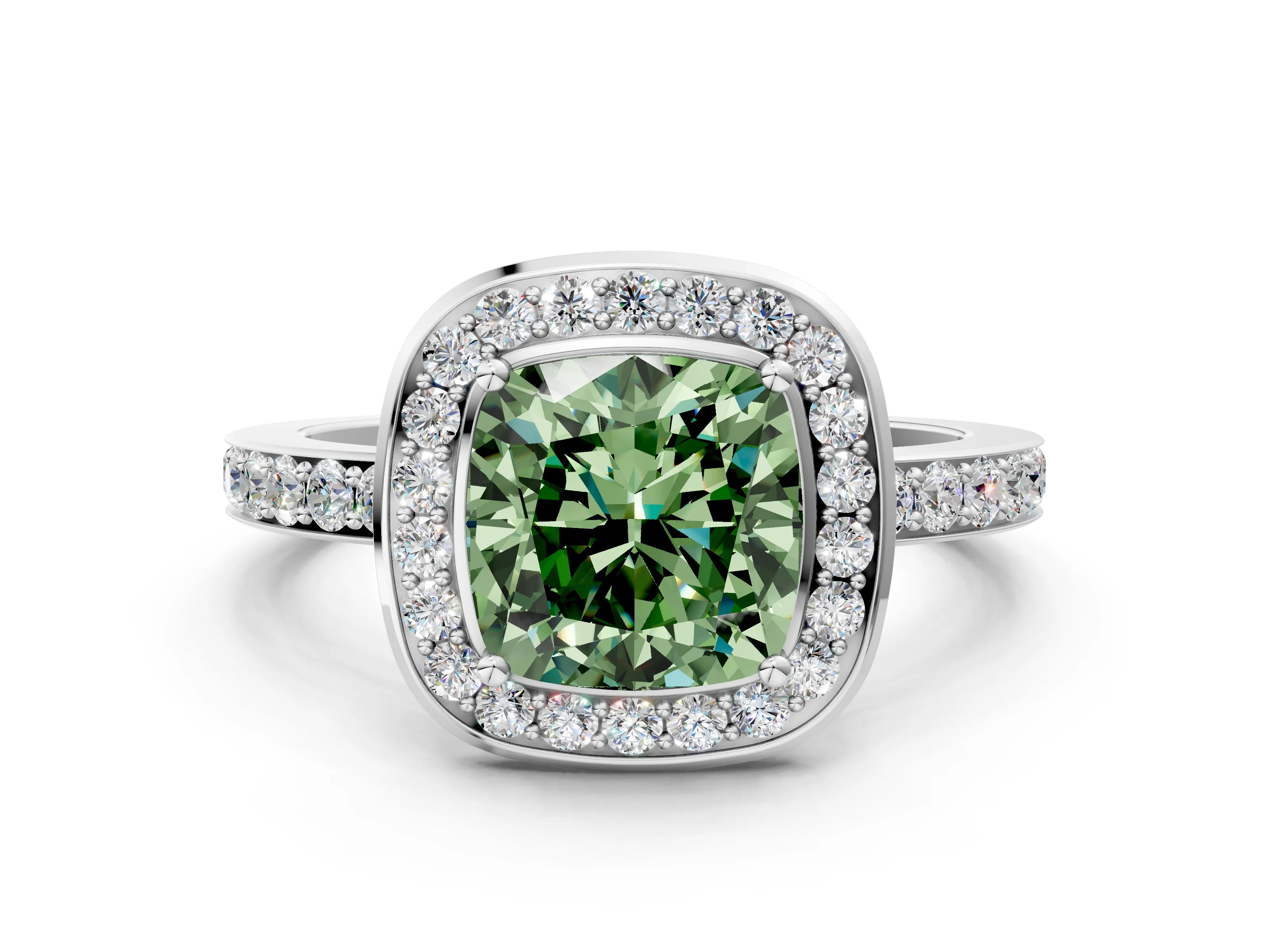 White gold Fancy Green Cushion Cut Diamond Halo Ring with Bezel Frame and Pavé Band