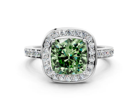 White gold Fancy Green Cushion Cut Diamond Halo Ring with Bezel Frame and Pavé Band