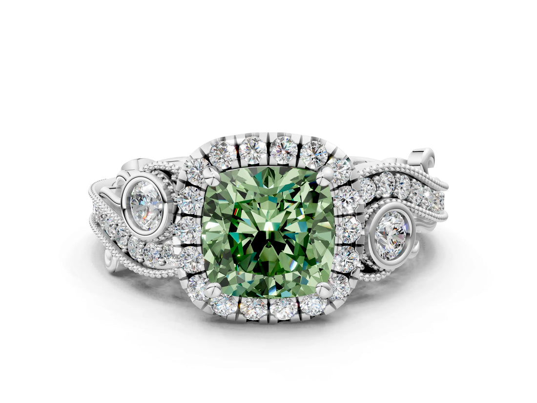 White gold Fancy Green Cushion Cut Diamond Halo Ring with Milgrain Pavé Band and Four-Prong Setting_66