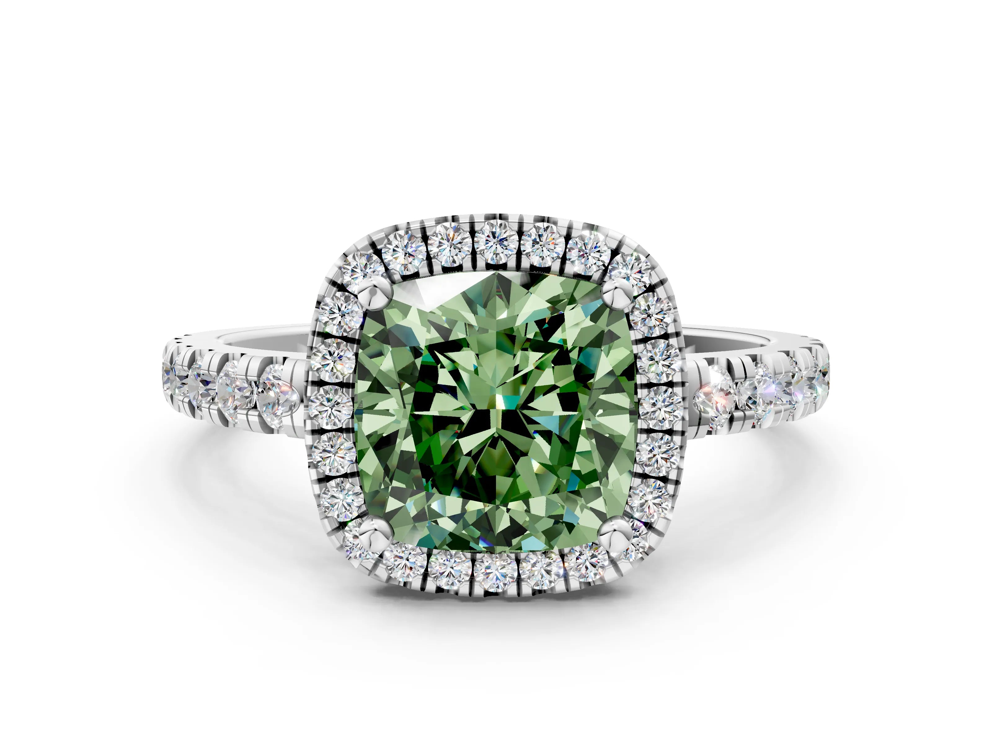 White gold Fancy Green Cushion Cut Diamond Halo Ring with Pavé Band and Four-Prong Setting_12