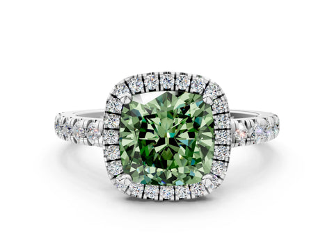White gold Fancy Green Cushion Cut Diamond Halo Ring with Pavé Band and Four-Prong Setting_12