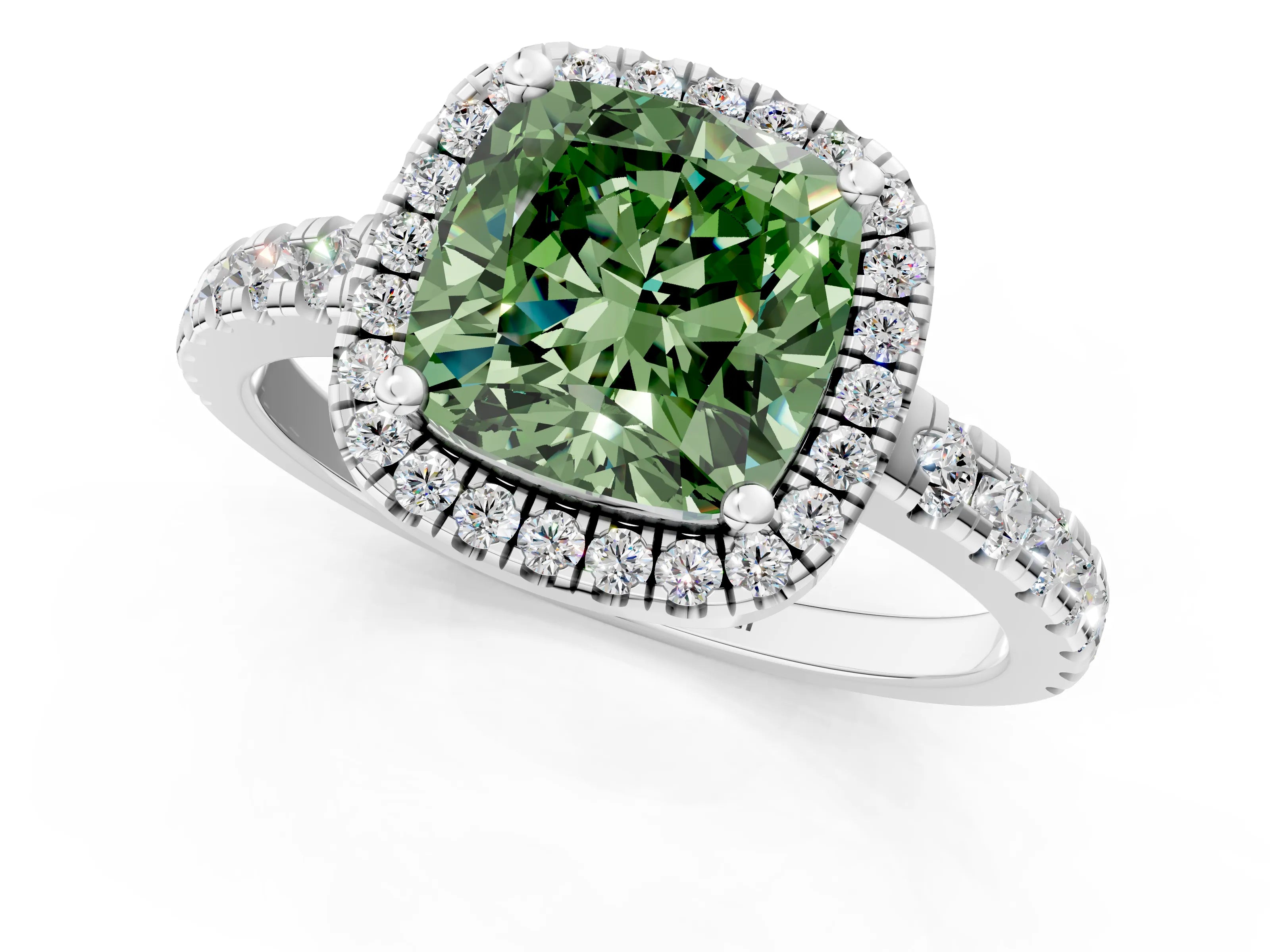 White gold Fancy Green Cushion Cut Diamond Halo Ring with Pavé Band and Four-Prong Setting_13
