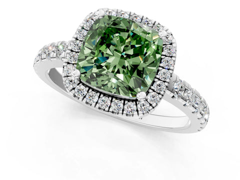 White gold Fancy Green Cushion Cut Diamond Halo Ring with Pavé Band and Four-Prong Setting_13