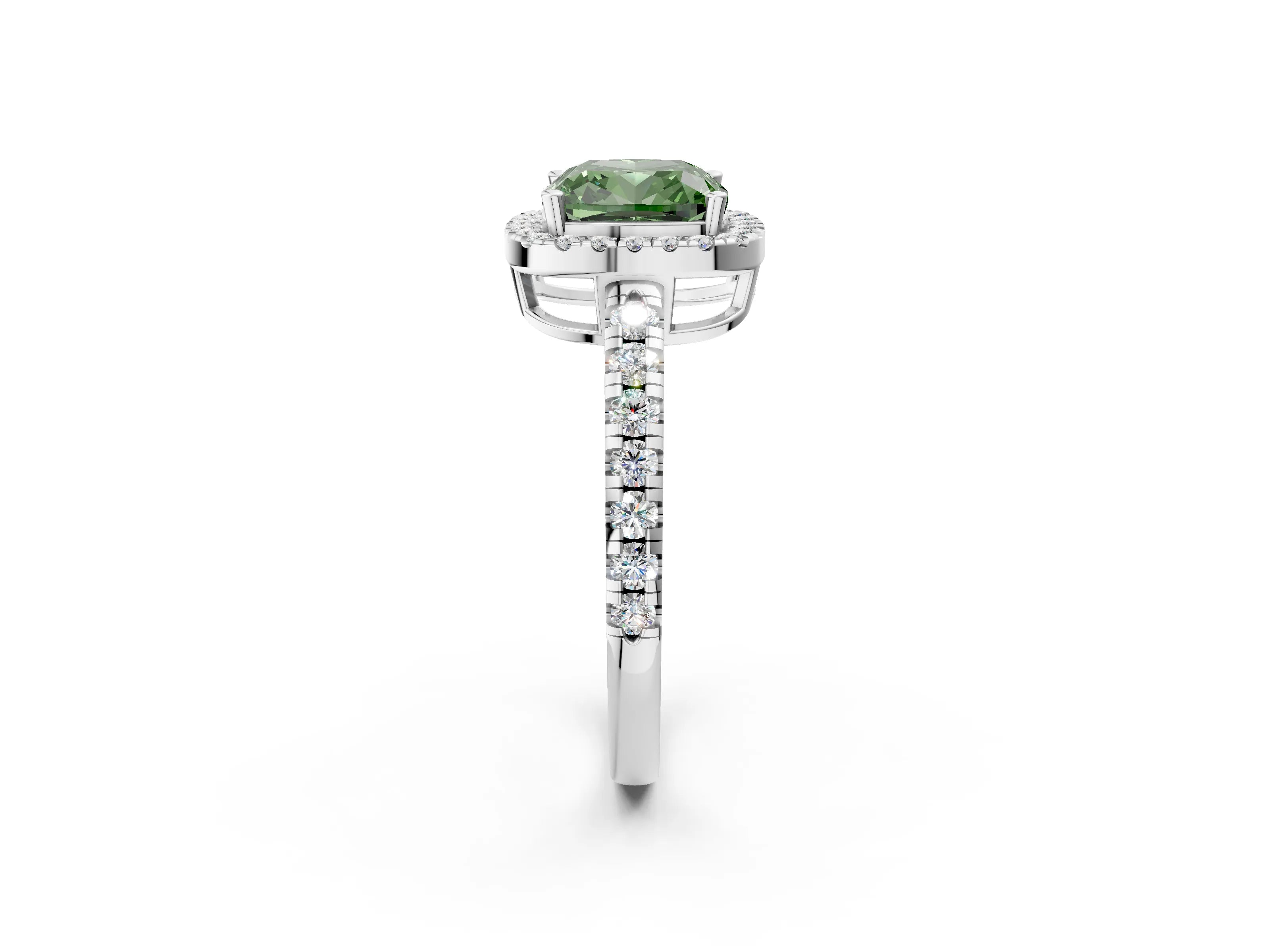 White gold Fancy Green Cushion Cut Diamond Halo Ring with Pavé Band and Four-Prong Setting_14