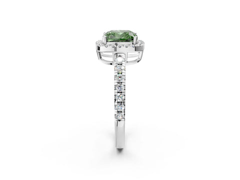 White gold Fancy Green Cushion Cut Diamond Halo Ring with Pavé Band and Four-Prong Setting_14