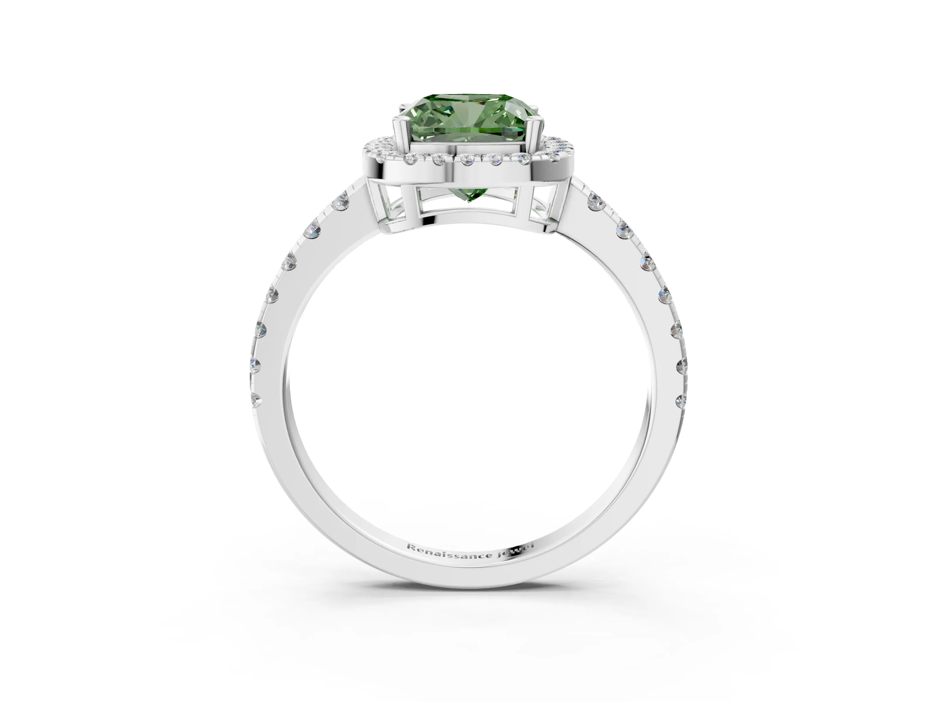 White gold Fancy Green Cushion Cut Diamond Halo Ring with Pavé Band and Four-Prong Setting_15