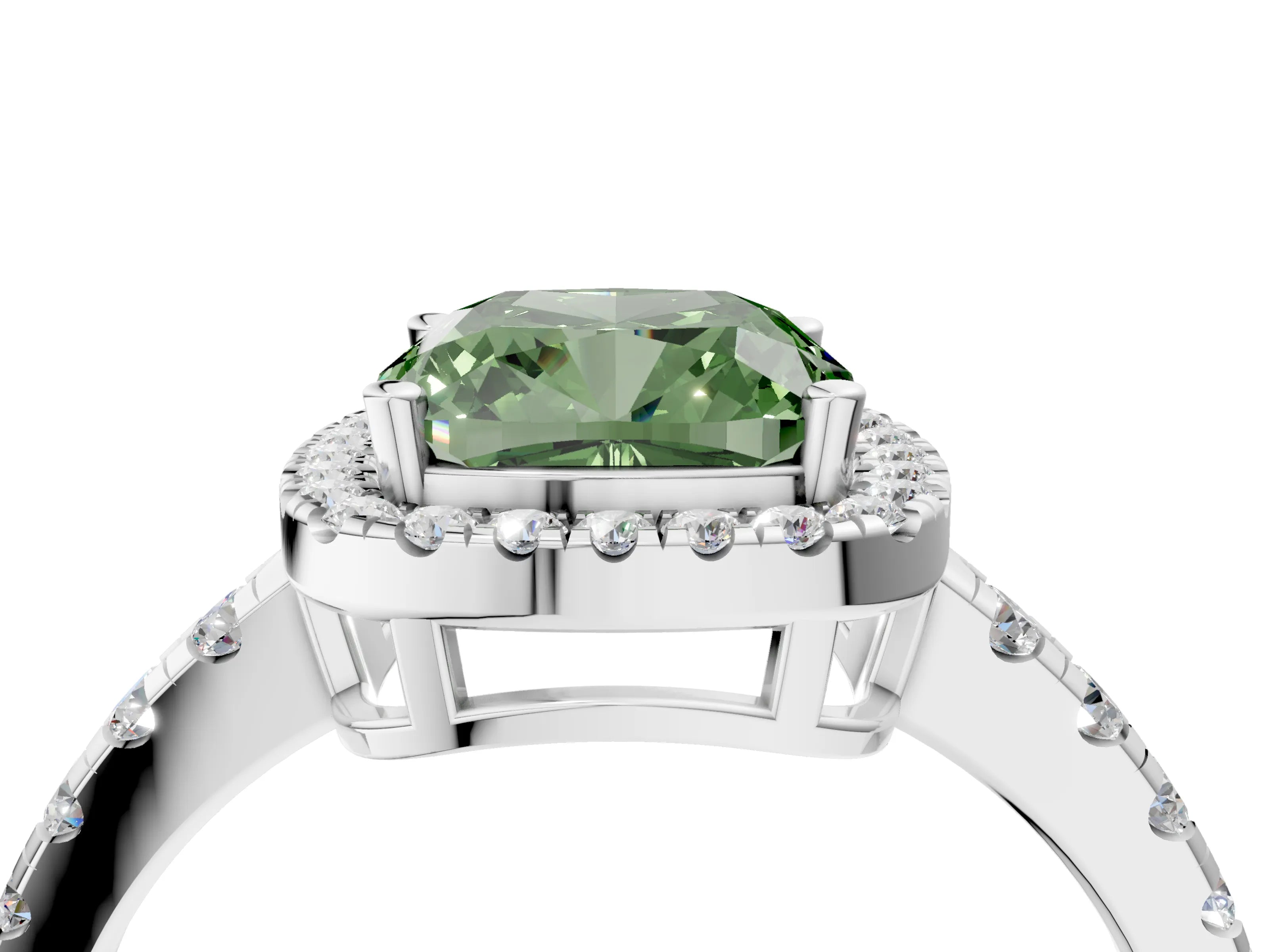 White gold Fancy Green Cushion Cut Diamond Halo Ring with Pavé Band and Four-Prong Setting_16