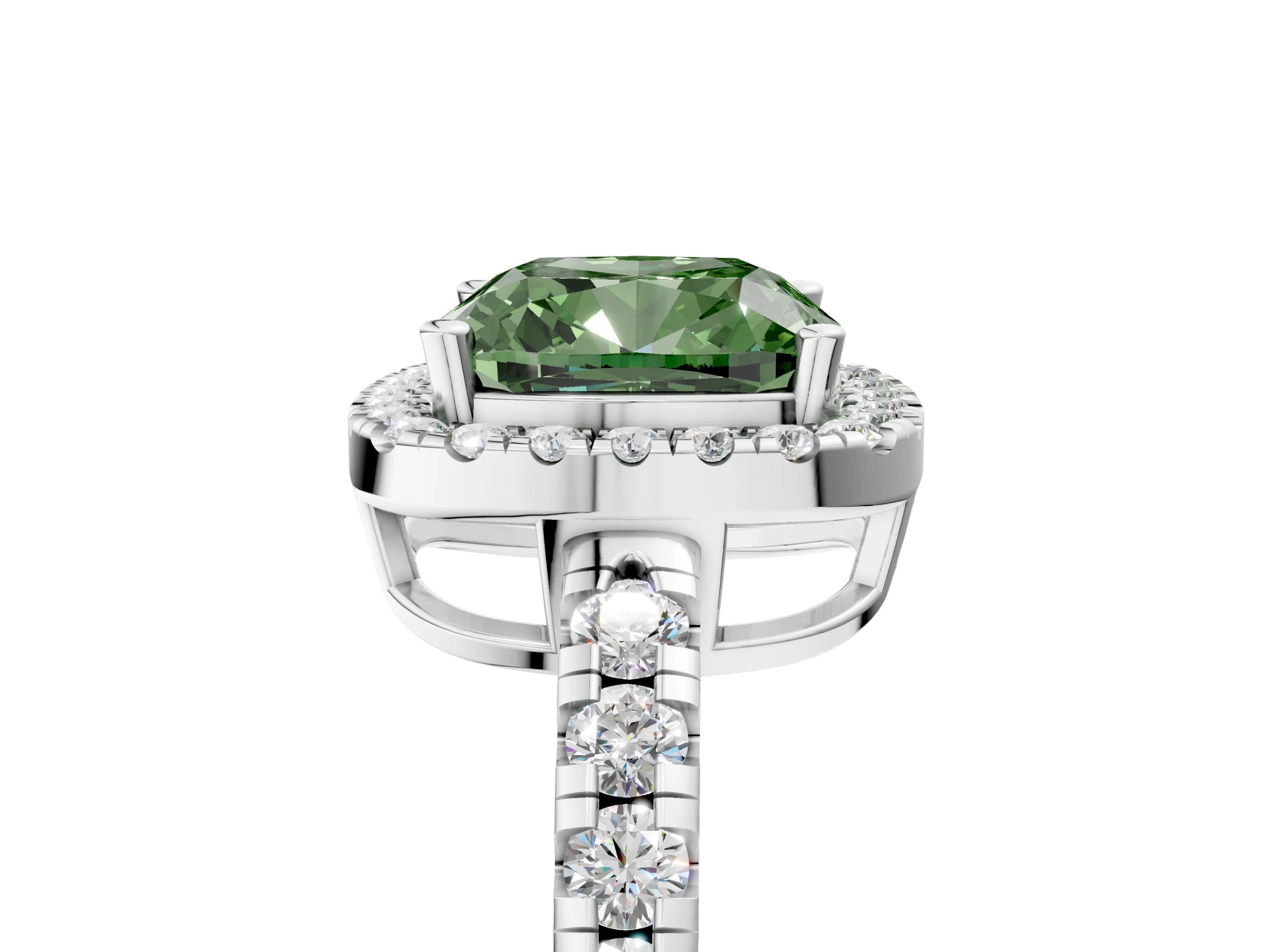 White gold Fancy Green Cushion Cut Diamond Halo Ring with Pavé Band and Four-Prong Setting_17