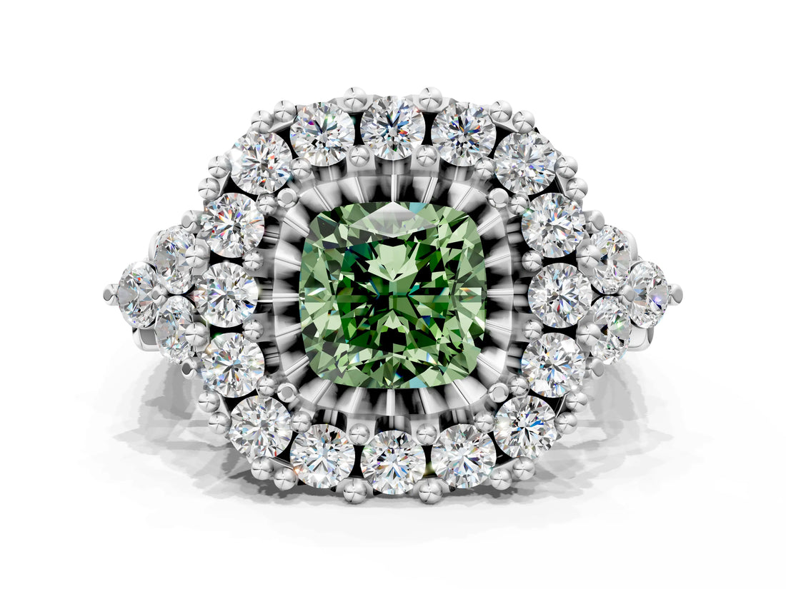 White gold Fancy Green Cushion Cut Diamond Halo Ring with Pavé Band and Four-Prong Setting_69