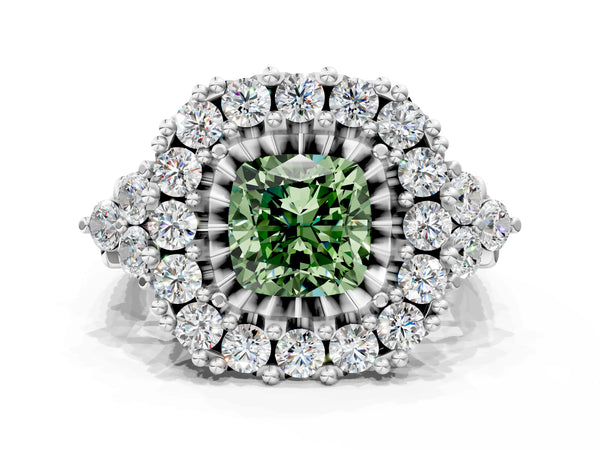 Platinum Fancy Green Cushion Cut Diamond Halo Ring with Pavé Band and Four-Prong Setting